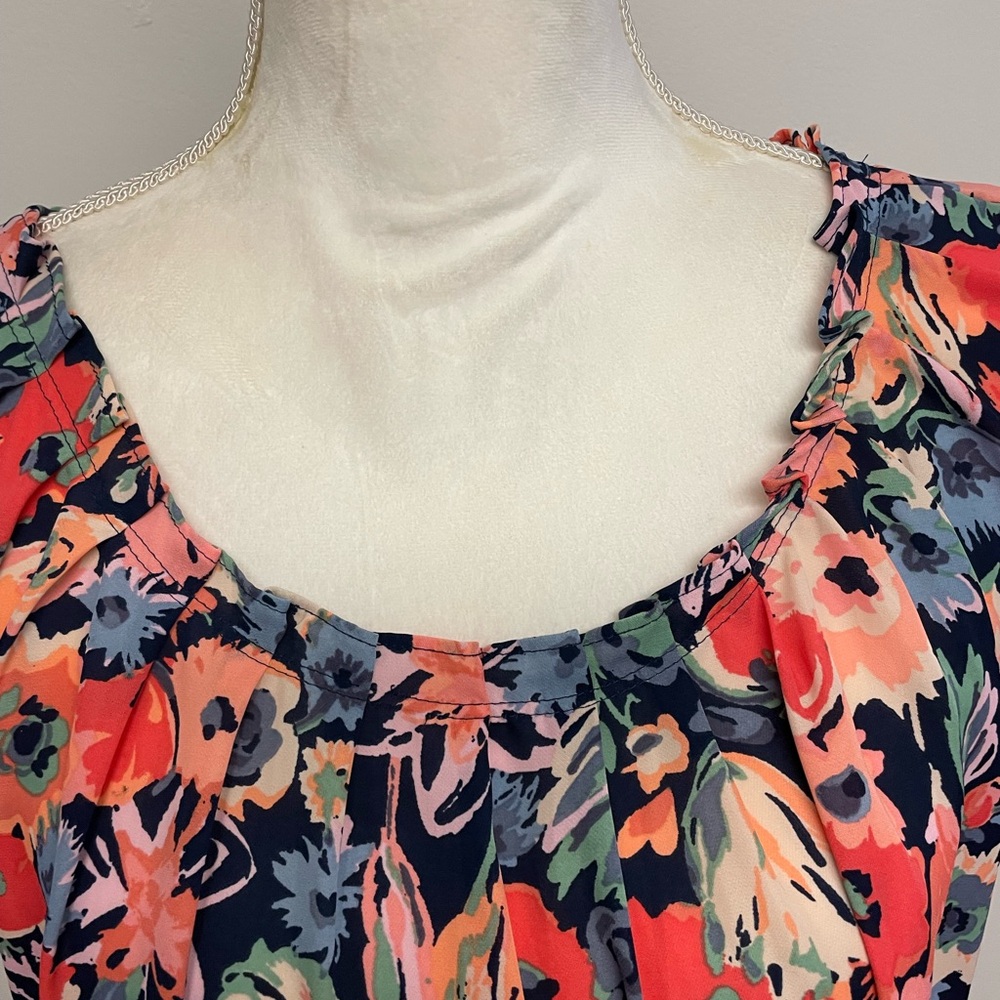 LC Lauren Conrad Navy Floral Scoop Neck Blouse - Picture 2 of 14
